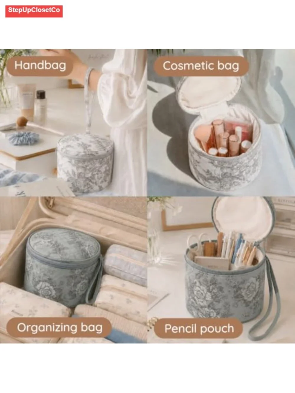Set of 2 Hand Embroidered 100% Linen Cylinder Cosmetic Storage Boxes with Zipper